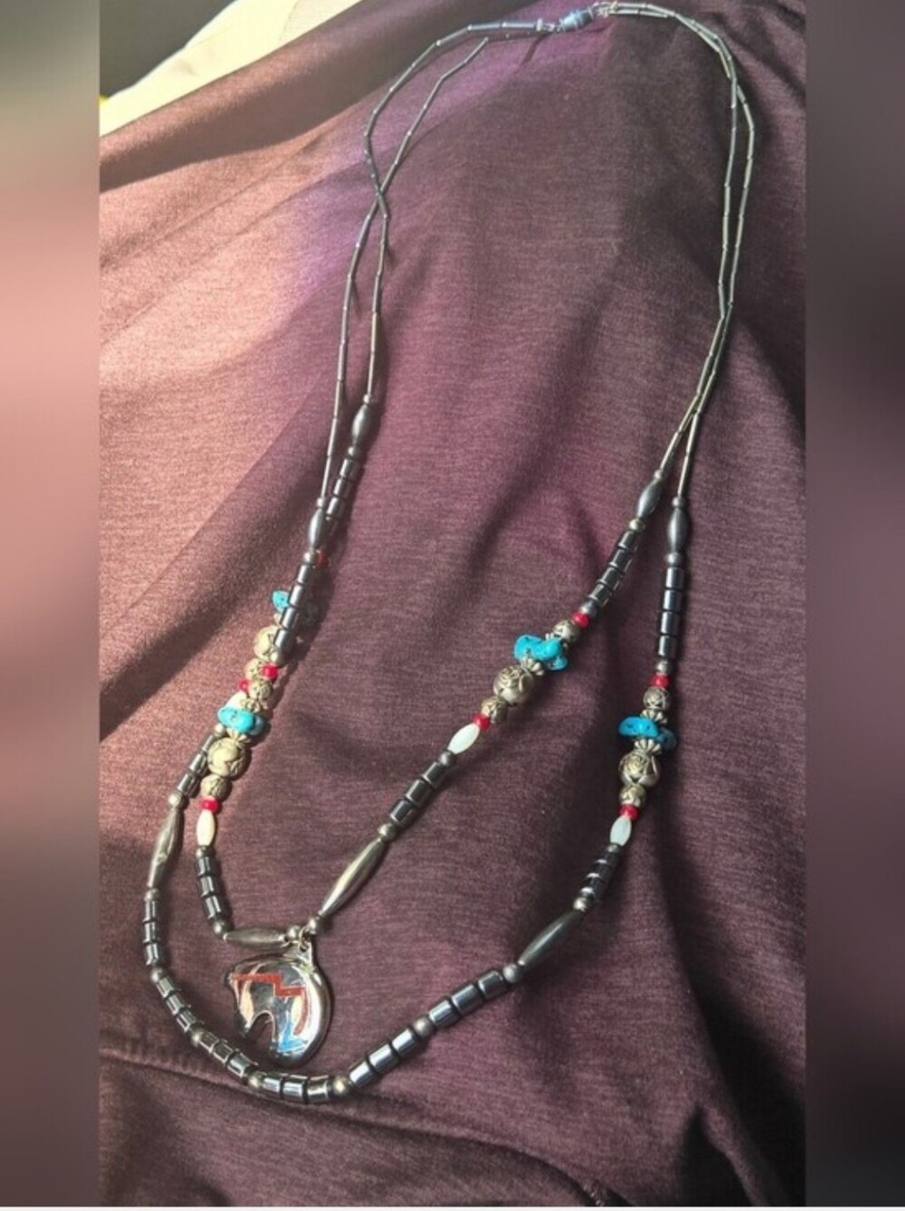 Vintage Navajo Spirit Bear Sterling Silver Turquoise Beaded Double Strand